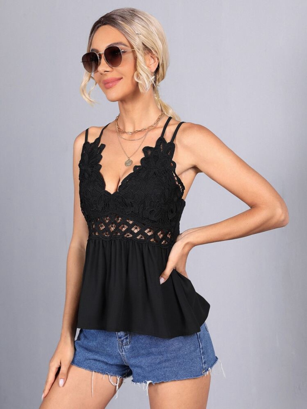 SHEIN Black Shirred Back Guipure Lace Cami Top